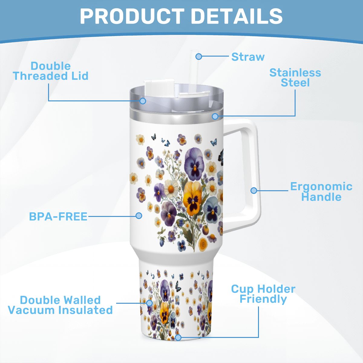 40oz stainless steel tumbler featuring real-look pressed pansies, a convenient handle, and a reusable straw.