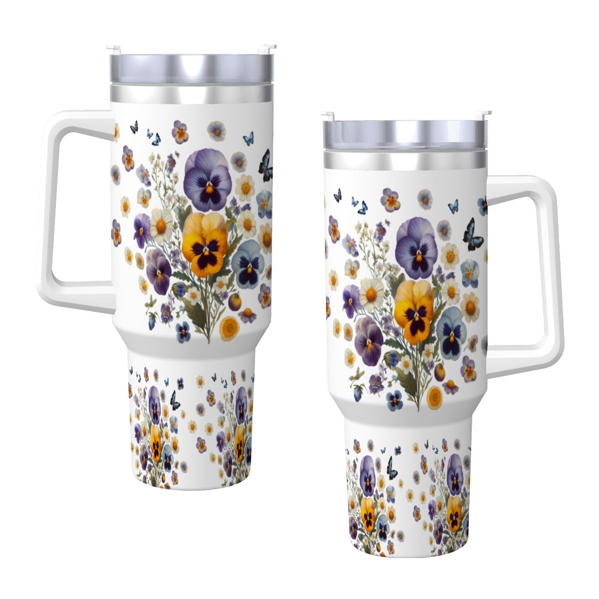 Pansy Flower Travel Mug with Handle and Straw | Boho Floral 40oz Tumbler - Image 8