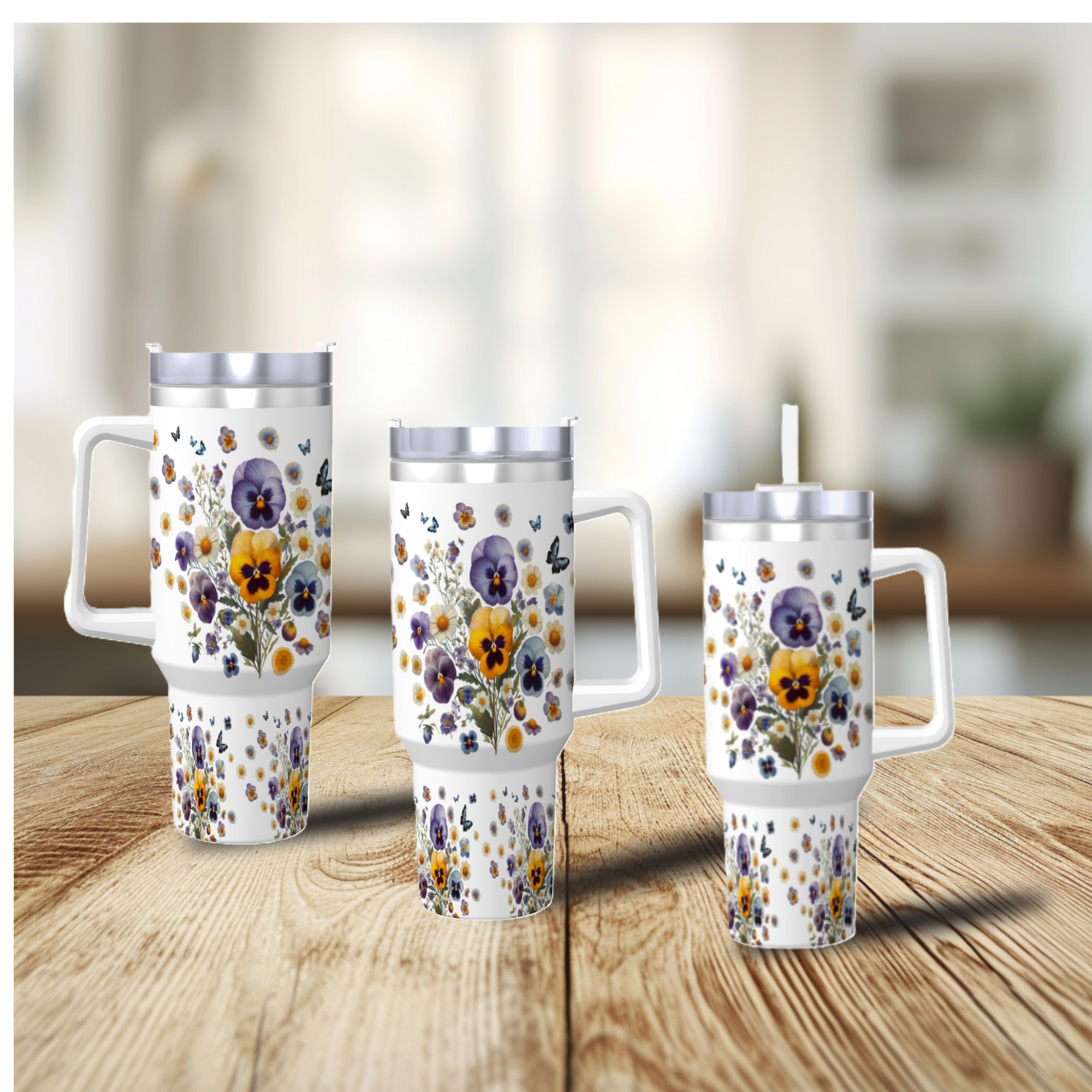 40oz stainless steel tumbler featuring real-look pressed pansies, a convenient handle, and a reusable straw.