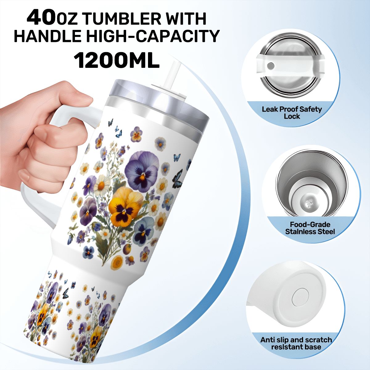 40oz stainless steel tumbler featuring real-look pressed pansies, a convenient handle, and a reusable straw.