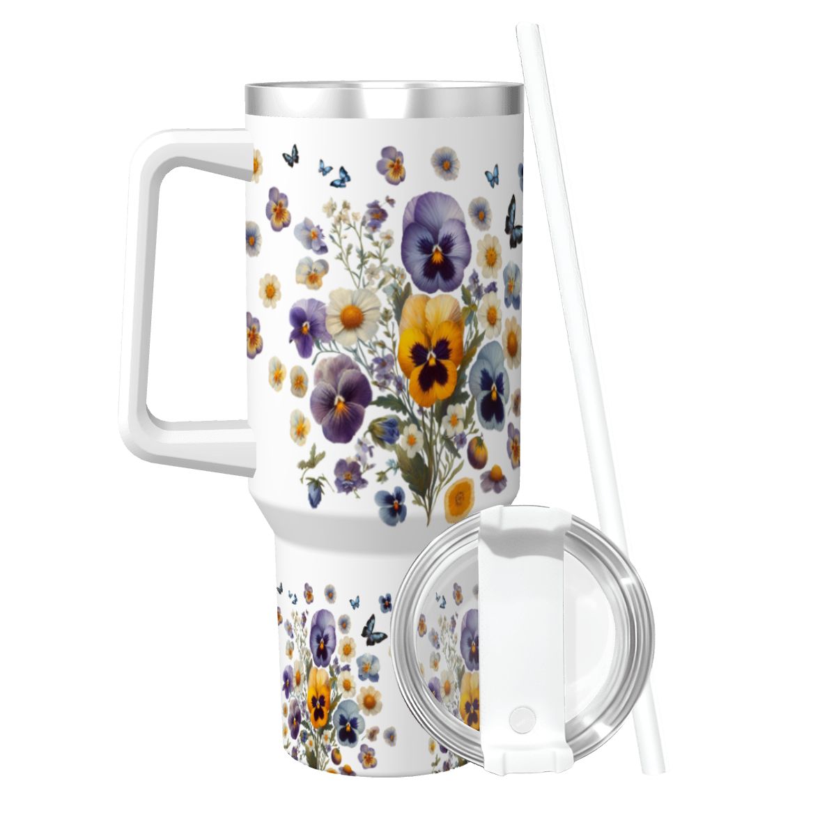 Pansy Flower Travel Mug with Handle and Straw | Boho Floral 40oz Tumbler - Image 7