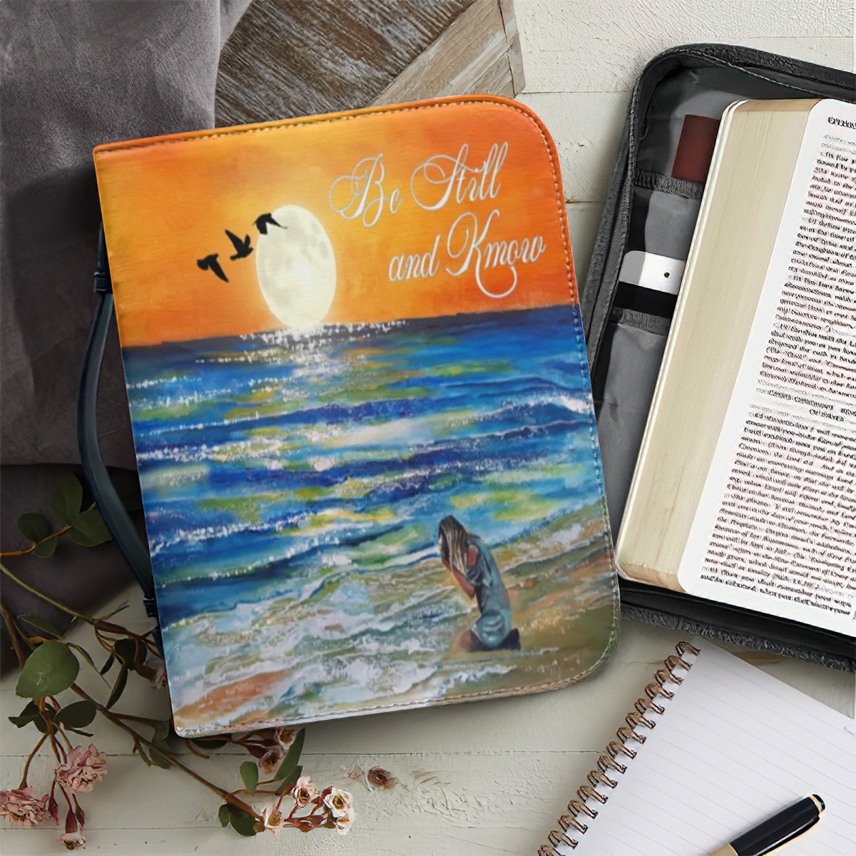 Be Still and Know Bible Cover Ocean Sunset Bible Protector, Praying Girl Bible Bag, Zippered Christian Organizer