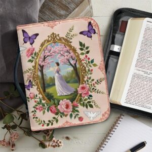 Floral Butterfly Bible Case Cover, Vintage Rose PU Leather, Zippered Case
