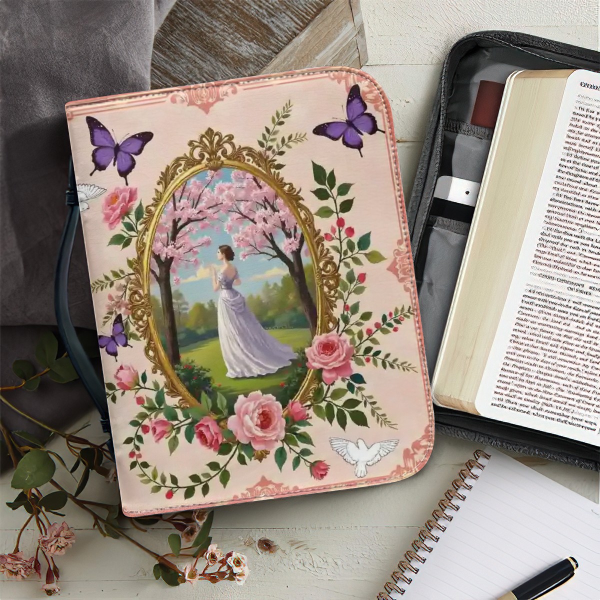 Floral Butterfly Bible Case Cover, Vintage Rose PU Leather, Zippered Case