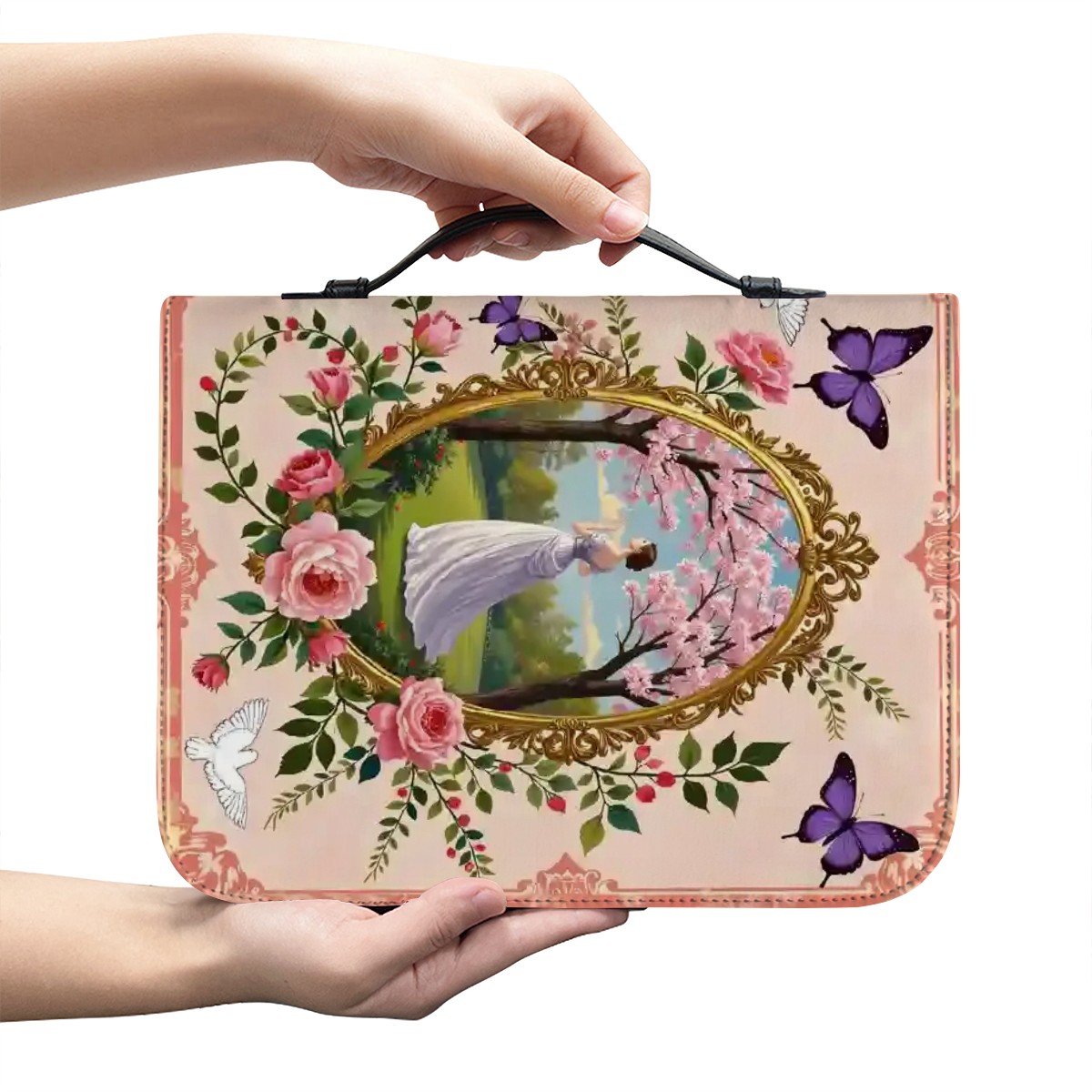 Floral Butterfly Bible Cover Vintage Rose PU Leather, Zippered Case