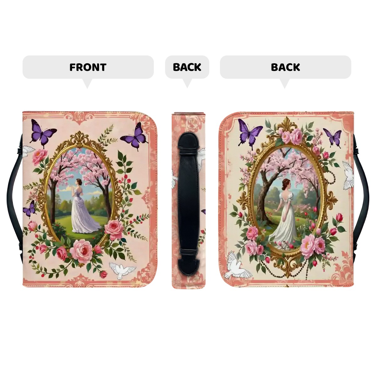 Floral Butterfly Bible Case Cover, Vintage Rose PU Leather, Zippered Case - Image 6