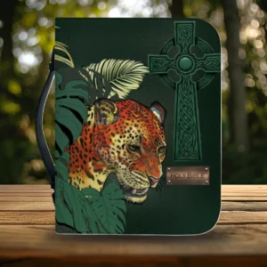 This Men’s Bible Cover with Cross is the ultimate Christian gift for him, blending a bold jungle leopard aesthetic with a deep forest green finish. Perfect for the modern man of faith, this Christian cross bible case features a rugged carrying handle and a secure zippered closure to protect his favorite scripture during travel, church, or outdoor study.