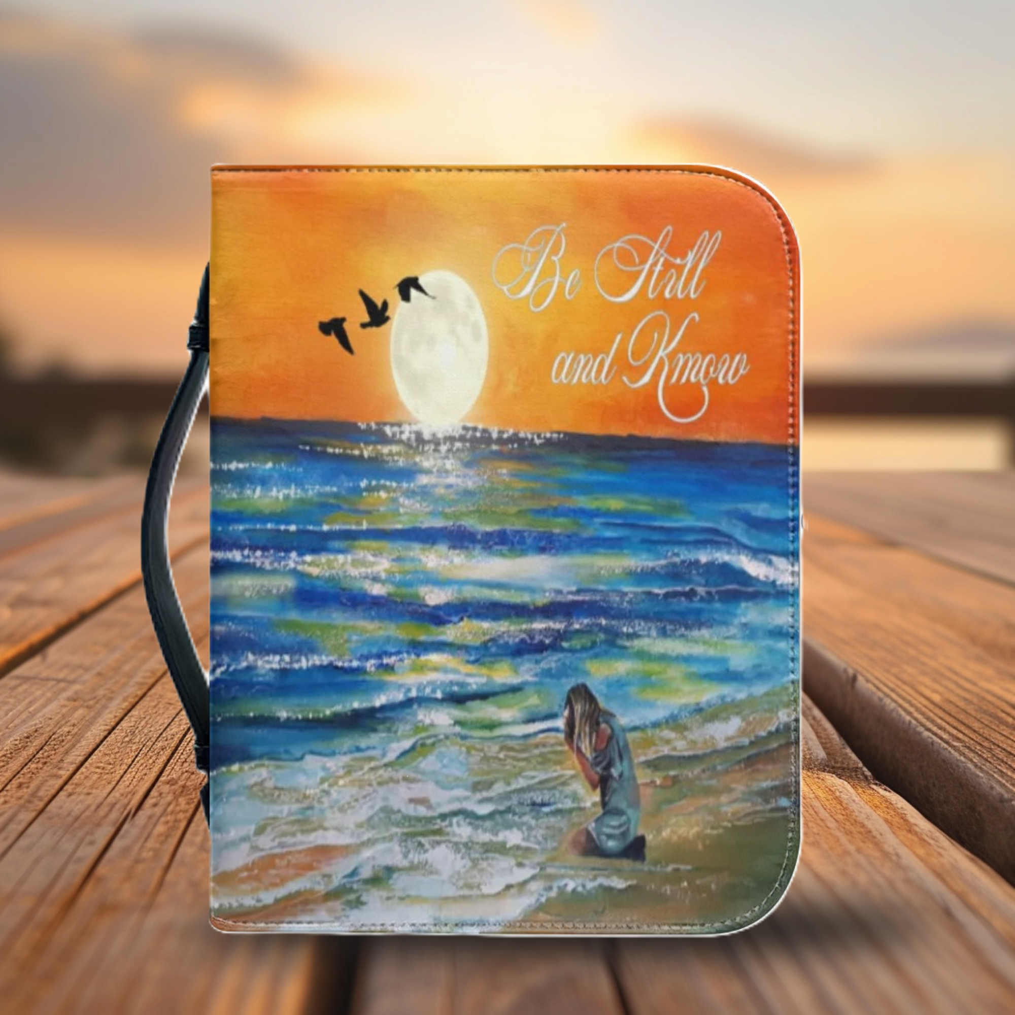 Be Still and Know Bible Cover | Ocean Sunset Bible Protector, Praying Girl Bible Bag,| Zippered Christian Organizer |