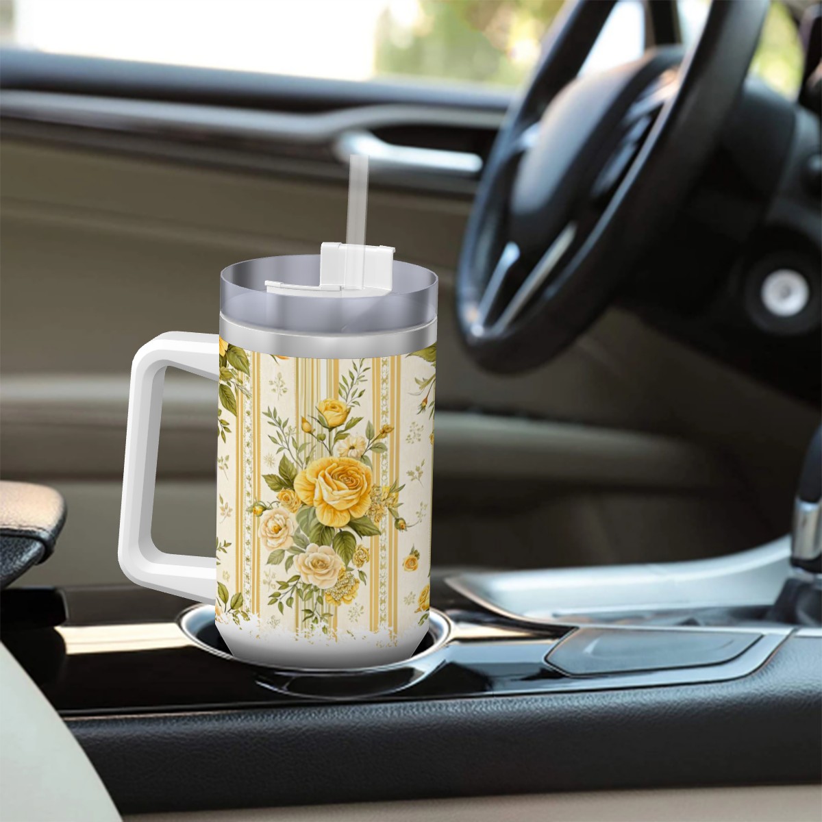 Travel Coffee Mug with Handle and Straw Yellow Roses Vintage-Artful 40oz - Image 6