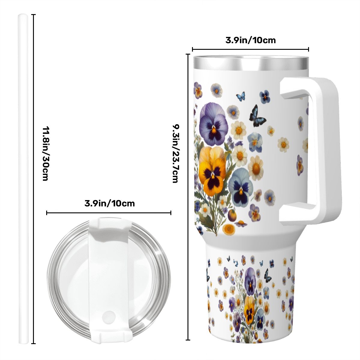 Pansy Flower Travel Mug with Handle and Straw | Boho Floral 40oz Tumbler - Image 9