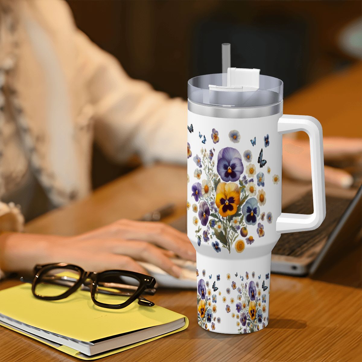 Pansy Flower Travel Mug with Handle and Straw | Boho Floral 40oz Tumbler - Image 10