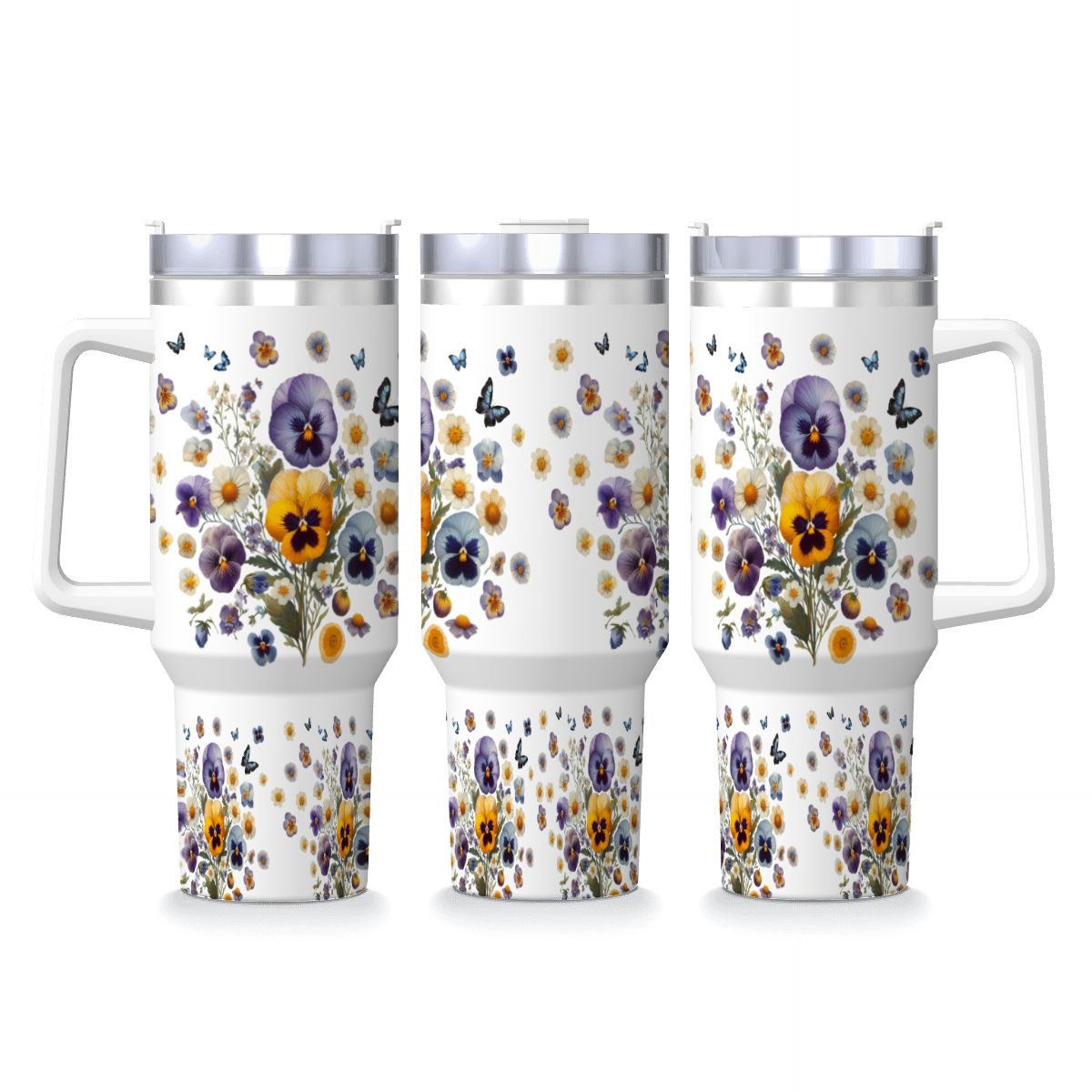 Pansy Flower Travel Mug with Handle and Straw | Boho Floral 40oz Tumbler - Image 11