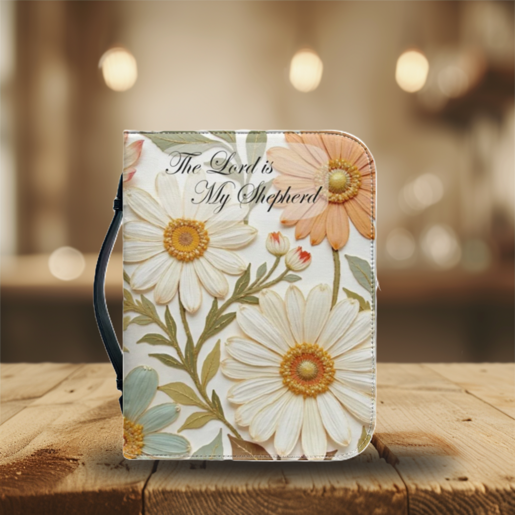 Bring beauty and faith together with this stunning Floral Bible Cover 🌸 featuring the comforting words “The Lord is My Shepherd” 🕊️. Designed with vintage-style daisies in soft pastel tones, this zippered Bible case keeps your Bible protected while reminding you of God’s promises daily.