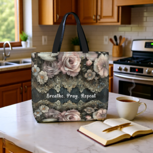 Tote Bag with Zipper |Floral Lace Design | Breathe Pray Repeat| Romantic Gift for Her