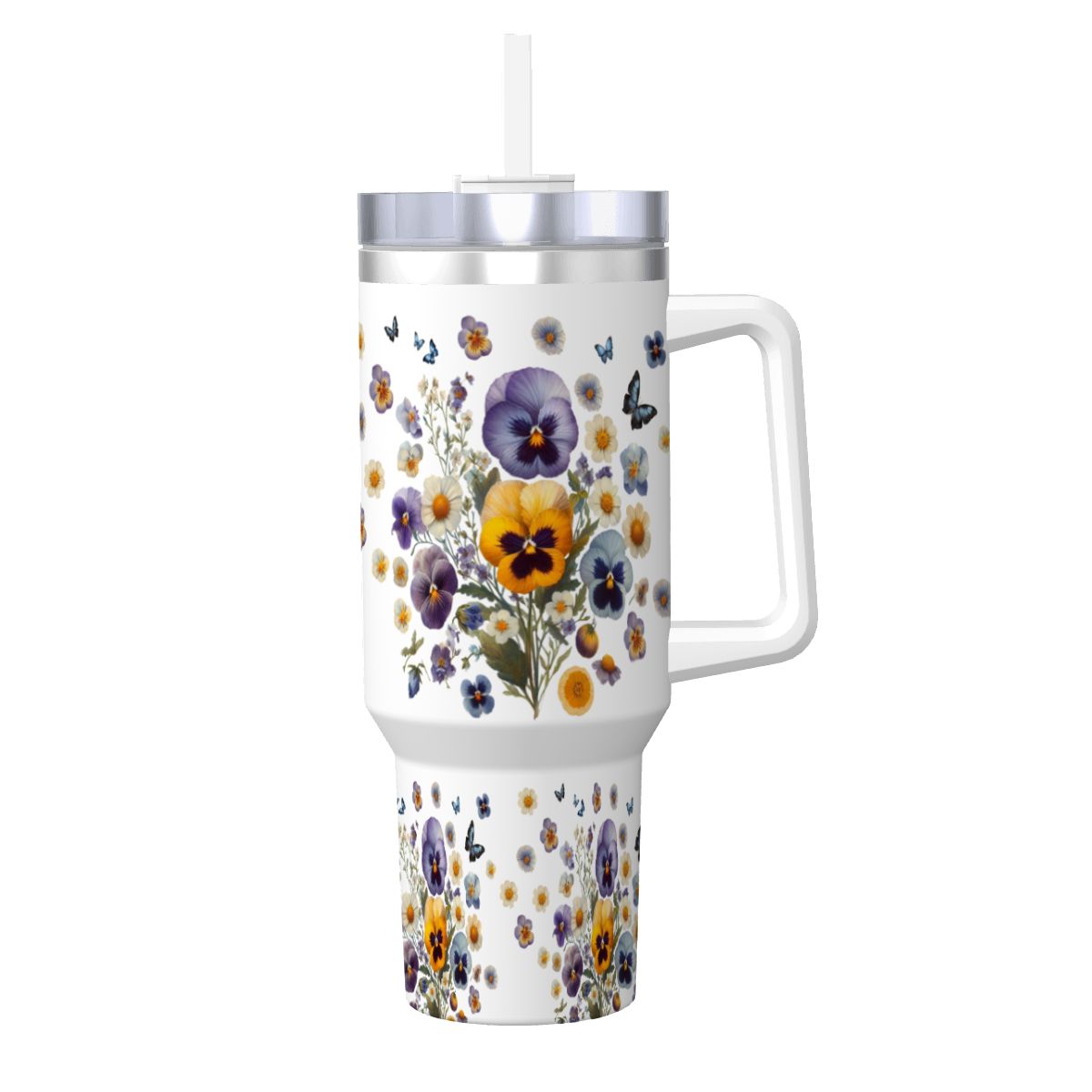 40oz stainless steel tumbler featuring real-look pressed pansies, a convenient handle, and a reusable straw.