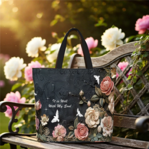 This beautiful Bible Verse tote bag with zipper features a soft vintage floral design with "It is Well with My Soul".