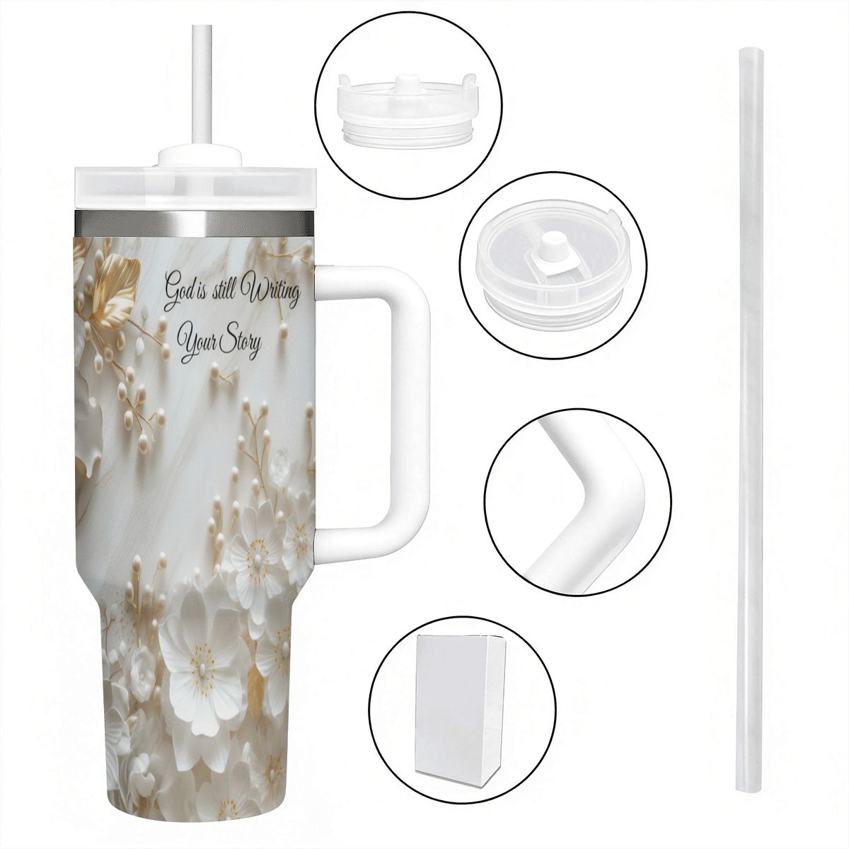 This 40oz Travel Mug with the words"God is Still writing your story" brings elegance to your daily coffee or tea routine with this gold and white floral travel tumbler with handle.