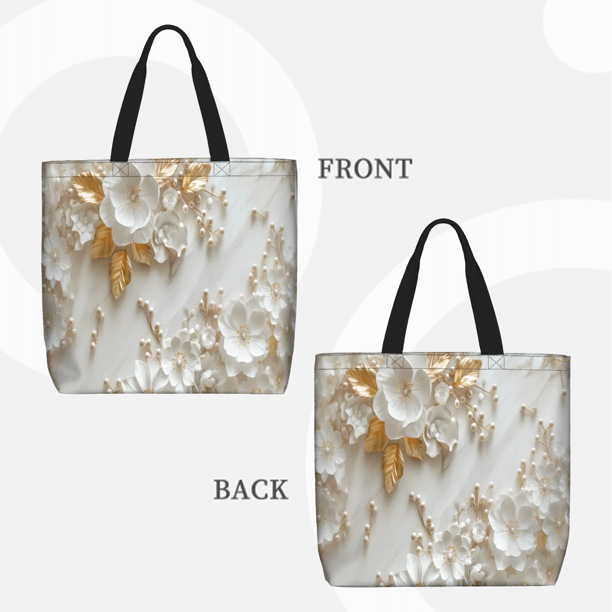 White & Gold Floral Tote Bag — Elegant 3D Flower Pearl Design Large Shoulder Bag for Women