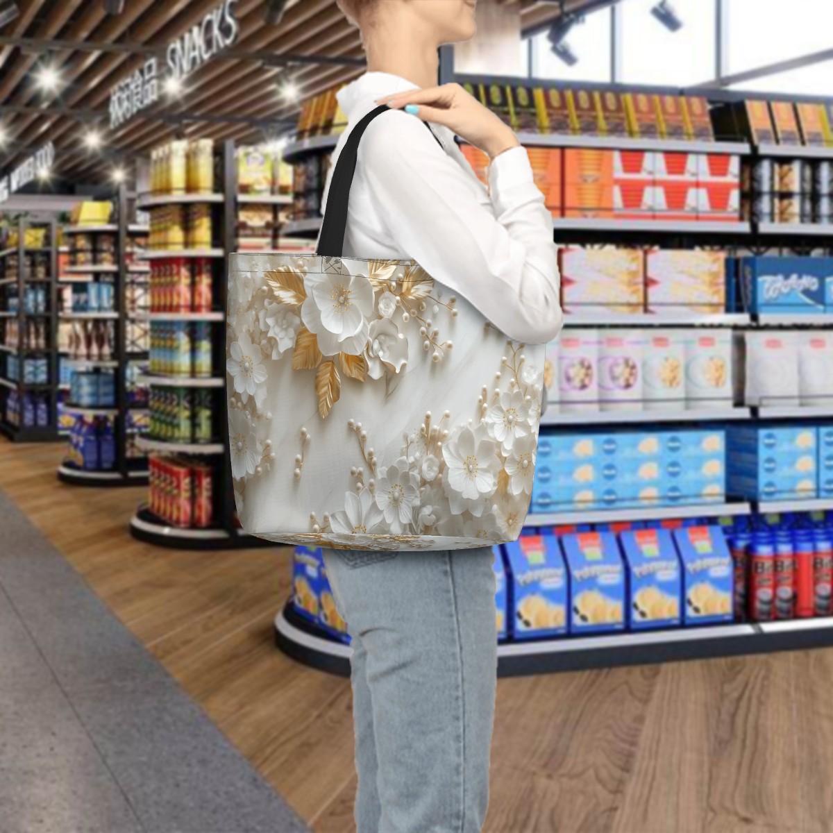 White & Gold Floral Tote Bag — Elegant 3D Flower Pearl Design Large Shoulder Bag for Women