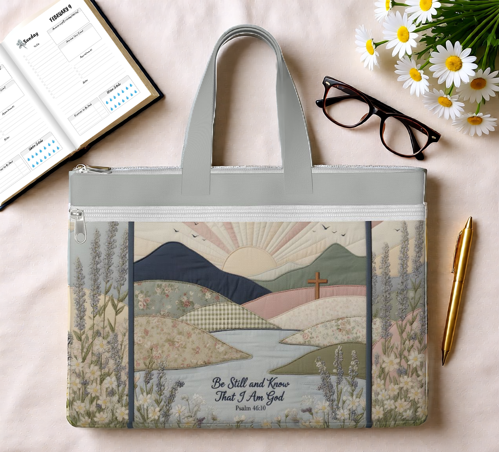 Be Still and Know That I Am God Canvas Document Bag — Psalm 46:10 Wildflower Christian Tote for Women