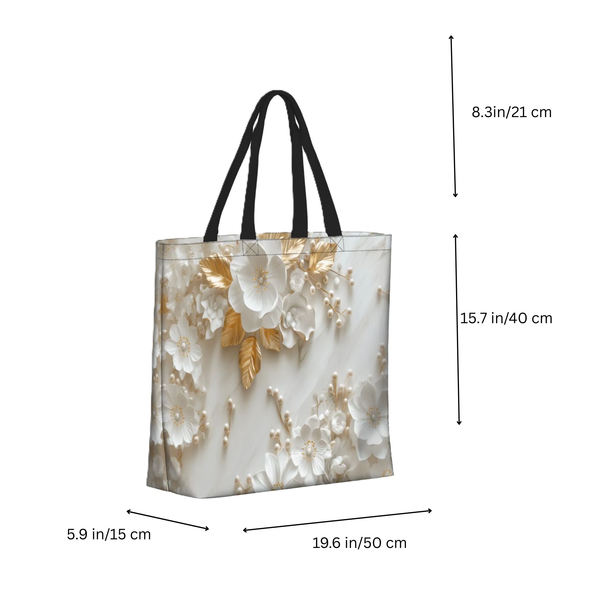 White & Gold Floral Tote Bag — Elegant 3D Flower Pearl Design Large Shoulder Bag for Women
