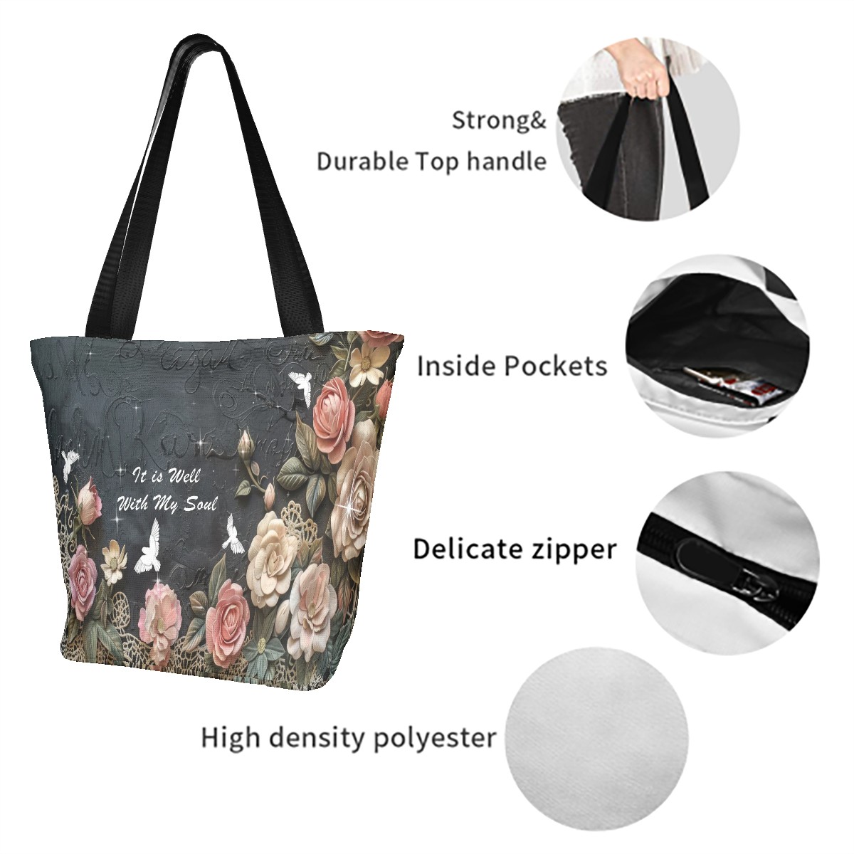 Shoulder Tote Bag with Zipper, It is Well with My Soul Floral Tote, Christian bag - Image 4