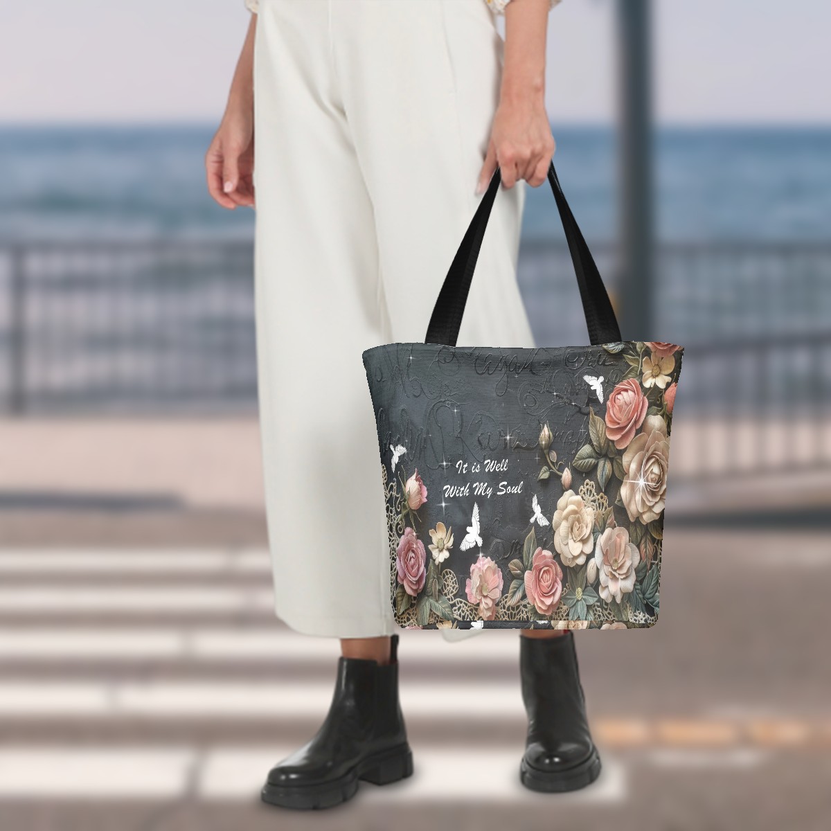 Shoulder Tote Bag with Zipper, It is Well with My Soul Floral Tote, Christian bag - Image 3