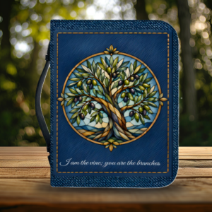 I Am the Vine Bible Cover with Zipper and Handle – Stained Glass Olive Tree Design, John 15:5 Scripture Case